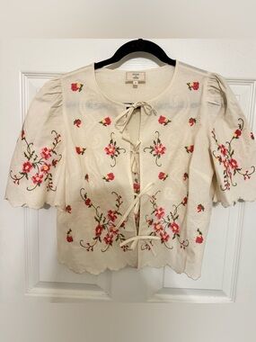Sezane Zelia Blouse - Sézane X Andion Cream With Pink Floral Embroidery - Size 6